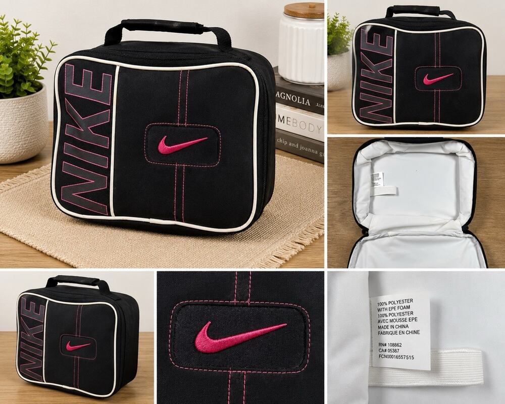 Nike Black Pink Insulated Lunch Box Cooler Bag Kids School Soft Zip Carry Case